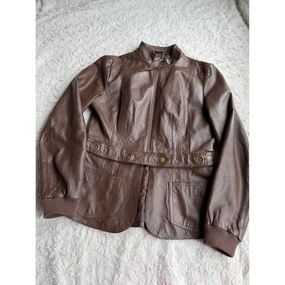 Newport News Leather Moto Jacket Brown Zip Front Vintage Y2K Convertible S - Picture 11 of 17